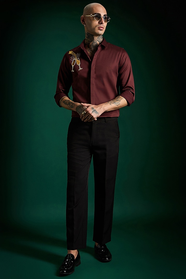 WIne Stretch Cotton Satin Hand Embroidered Summer Shirt by Komal Kothari  at Pernia's Pop Up Shop