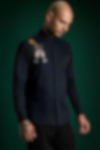 Navy Stretch Cotton Satin Hand Embroidered Summer Shirt by Komal Kothari at Pernia's Pop Up Shop