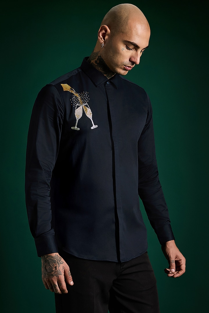 Navy Stretch Cotton Satin Hand Embroidered Summer Shirt by Komal Kothari at Pernia's Pop Up Shop