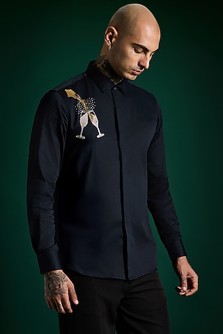 Navy Stretch Cotton Satin Hand Embroidered Shirt by Komal Kothari 