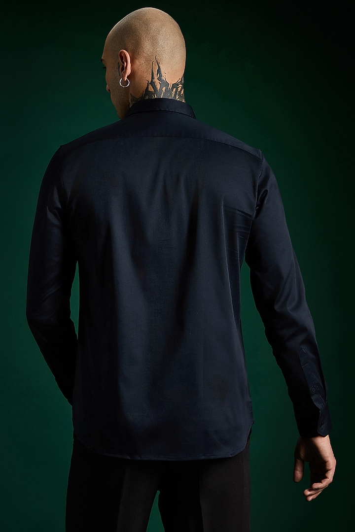 Navy Stretch Cotton Satin Hand Embroidered Summer Shirt by Komal Kothari  at Pernia's Pop Up Shop