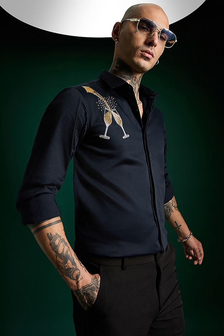 Navy Stretch Cotton Satin Hand Embroidered Summer Shirt by Komal Kothari  at Pernia's Pop Up Shop