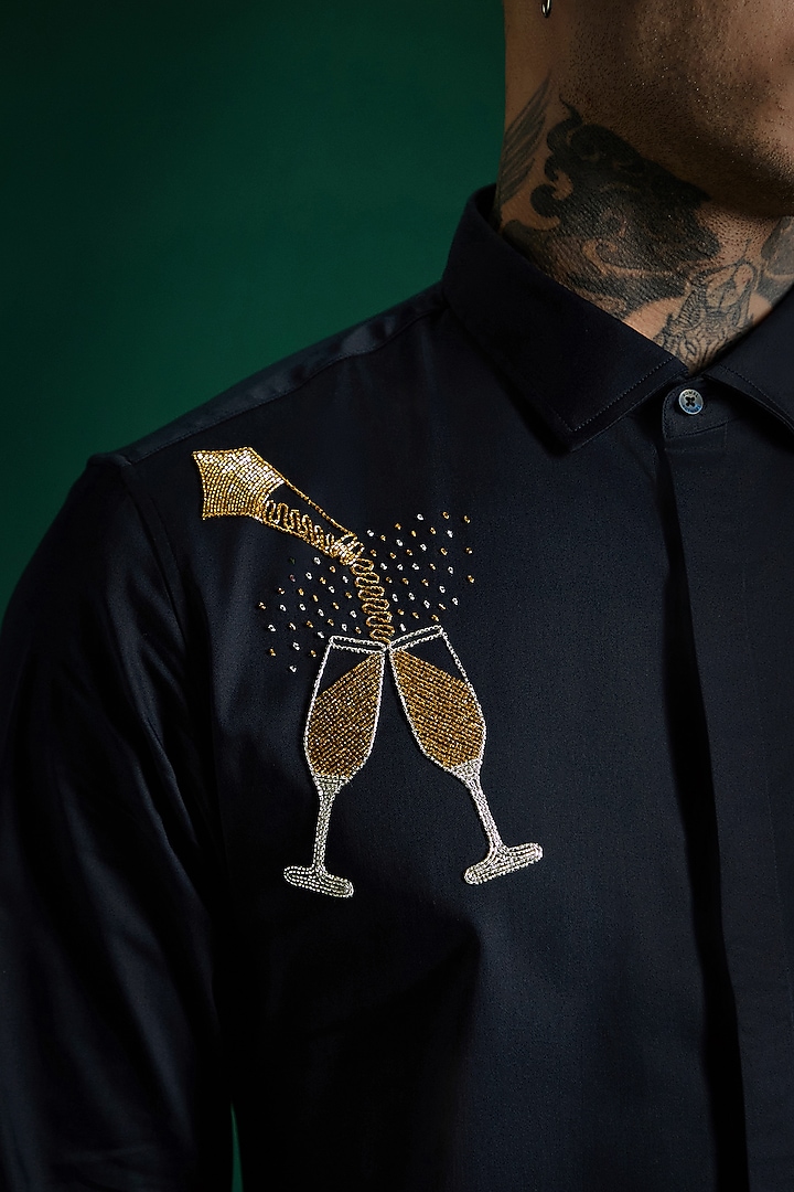 Navy Stretch Cotton Satin Hand Embroidered Summer Shirt by Komal Kothari  at Pernia's Pop Up Shop