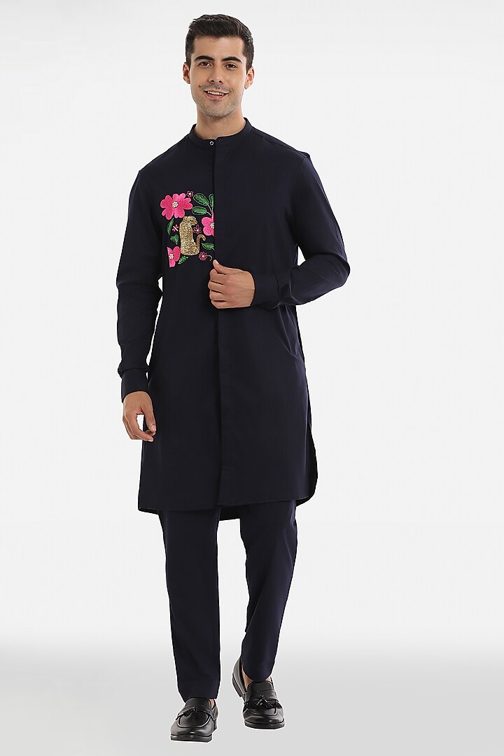Navy Blue Cotton handcrafted Kurta by Komal Kothari at Pernia's Pop Up Shop