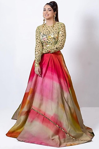 Multi-Colored Satin Organza Printed Lehenga Set by Mahima Mahajan