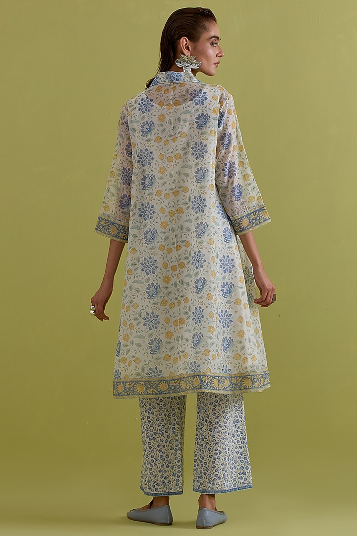 Off-White Cotton Chanderi Hand-Block Printed Kurta Set by Kora at Pernia's Pop Up Shop
