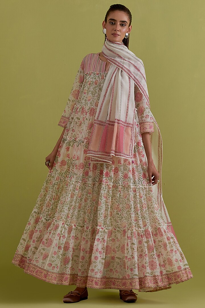 Off-White Cotton Chanderi Hand-Block Printed Kurta Set by Kora at Pernia's Pop Up Shop