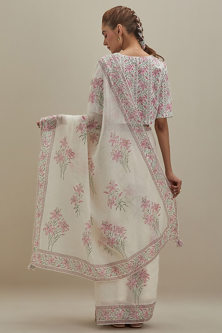 Off-White Cotton Chanderi Hand Block Printed Festive Saree by Kora at Pernia's Pop Up Shop