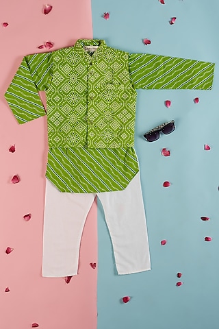 Parrot Green Printed Bundi Jacket With Kurta Set For Boys by Kotton Glitters- House of Cotton by Kshipra