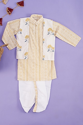 Mustard Pure Cotton Kurta Set With Jacket For Boys by Kotton Glitters- House of Cotton by Kshipra