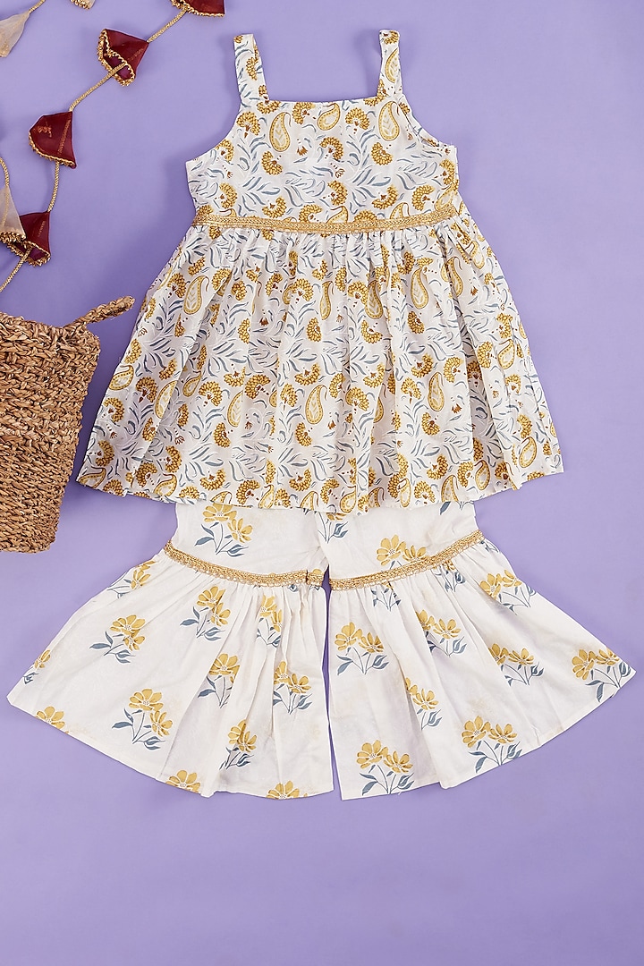 Mustard & White Printed Sharara Set For Girls by Kotton Glitters- House of Cotton by Kshipra