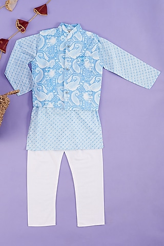 Pastel Blue Printed Kurta Set With Jacket For Boys by Kotton Glitters- House of Cotton by Kshipra