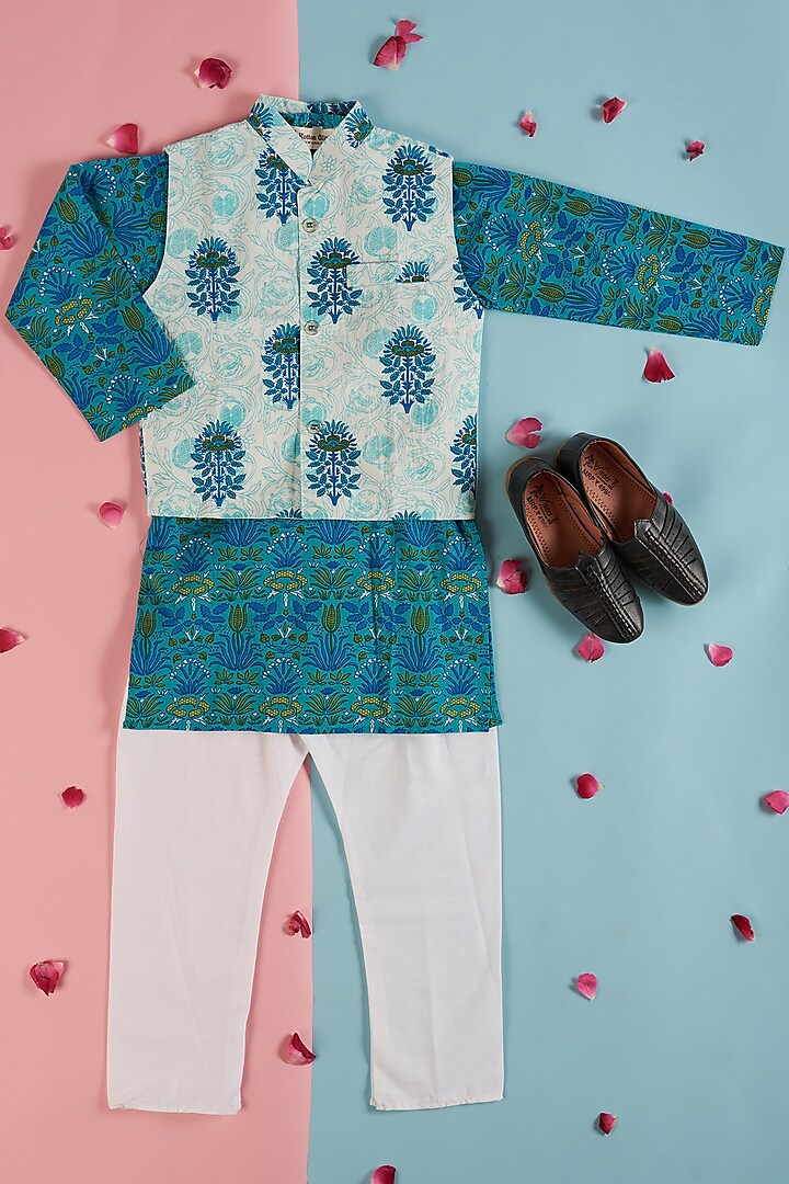 Peacock Blue Printed Kurta Set With Jacket For Boys by Kotton Glitters- House of Cotton by Kshipra