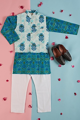 Peacock Blue Printed Kurta Set With Jacket For Boys by Kotton Glitters- House of Cotton by Kshipra