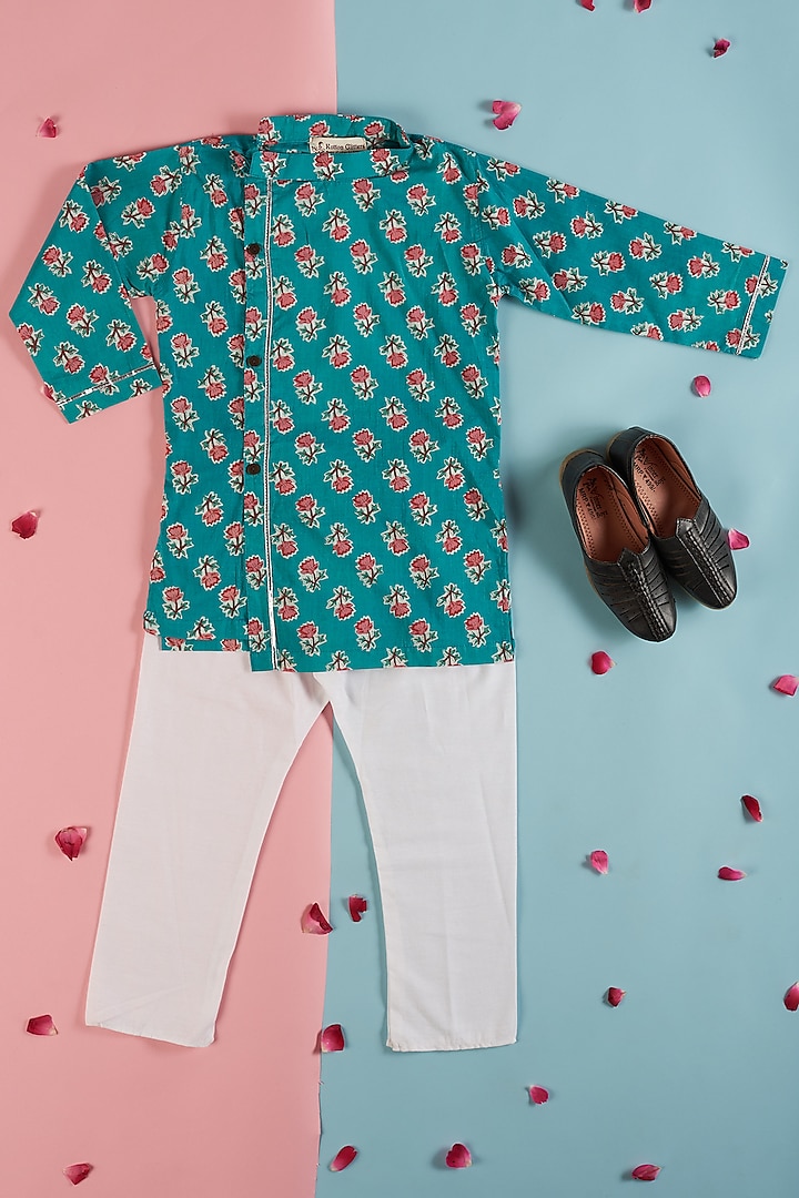 Turquoise Printed Kurta Set For Boys by Kotton Glitters- House of Cotton by Kshipra
