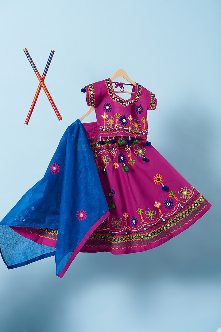 Mauve Hand Embroidered Lehenga Set For Girls by Kotton Glitters- House of Cotton by Kshipra
