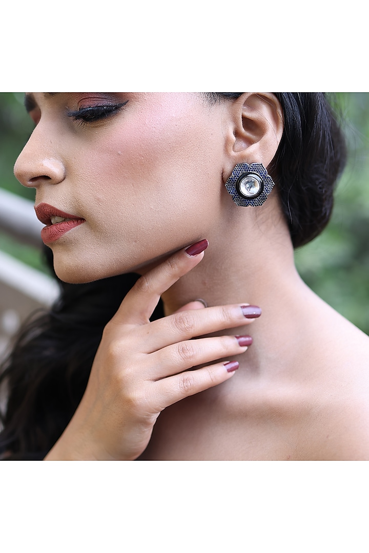 Silver Finish Blue Kundan Polki Handcrafted Stud Earrings by KRAFTSMITHS at Pernia's Pop Up Shop