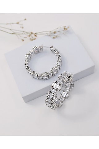 Silver Finish Baguette Zircon Handcrafted Hoop Earrings by KRAFTSMITHS