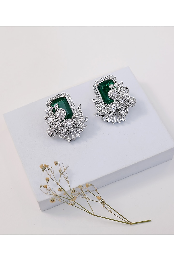 Silver Finish Zircon & Green Stone Handcrafted Stud Earrings by KRAFTSMITHS at Pernia's Pop Up Shop