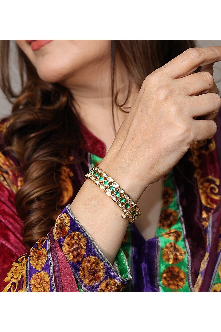 Gold Finish Green Kundan Polki Handcrafted Openable Bangle by KRAFTSMITHS at Pernia's Pop Up Shop