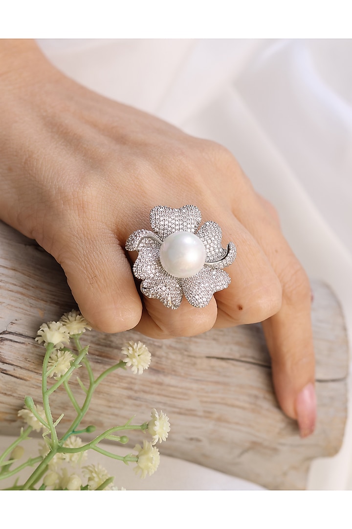 Silver Finish Pearl & Zirconia Handcrafted Adjustable Ring by KRAFTSMITHS at Pernia's Pop Up Shop