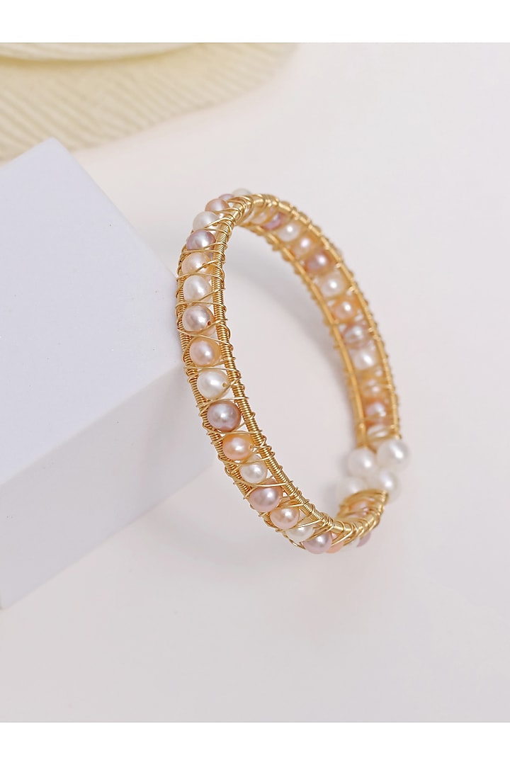 Gold Finish Pastel Pearl Handcrafted Bracelet Cum Bangle by KRAFTSMITHS at Pernia's Pop Up Shop