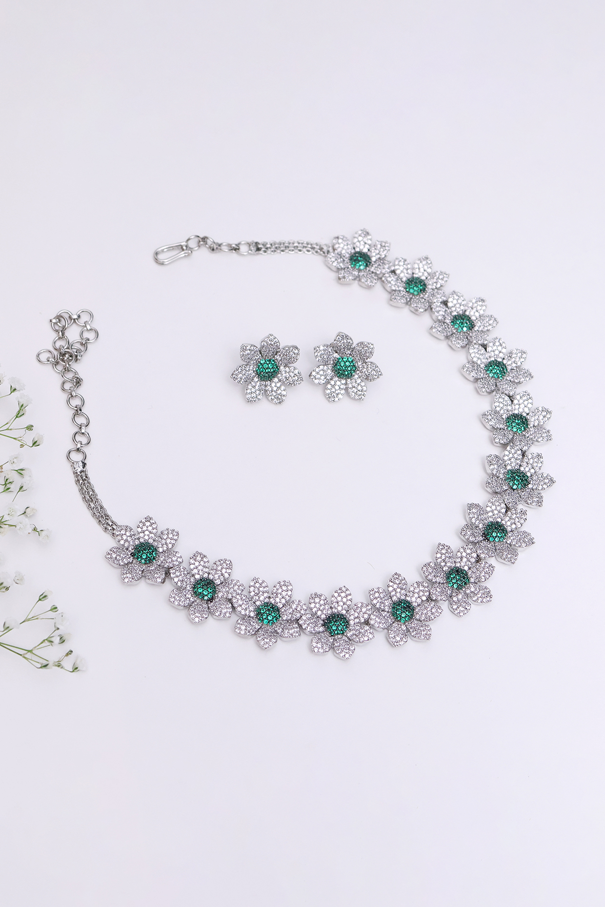 White Finish Handcrafted Lush Green Necklace Set by KRAFTSMITHS at Pernia's Pop Up Shop