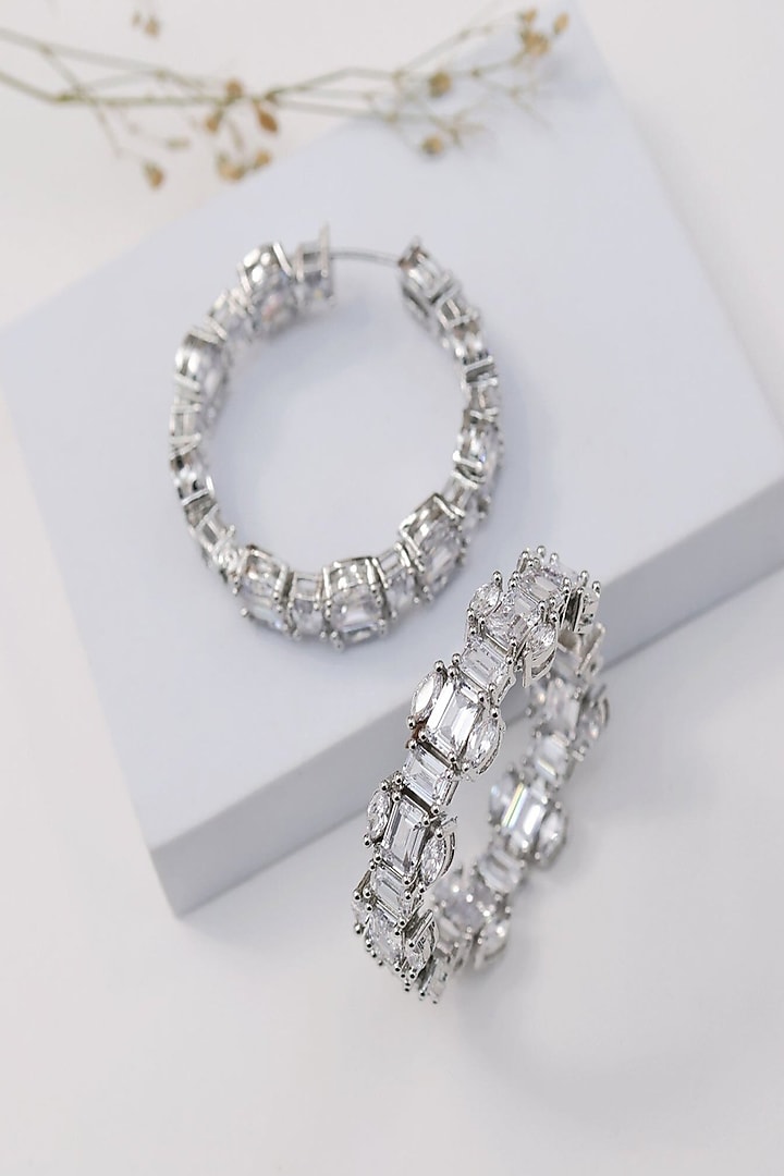 Gold Finish Baguette-Shaped Zircon Hoop Earrings by KRAFTSMITHS at Pernia's Pop Up Shop