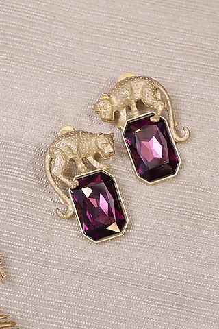 Gold Finish Purple Crystal & Emerald Stone Enameled Hoop Earrings by KRAFTSMITHS