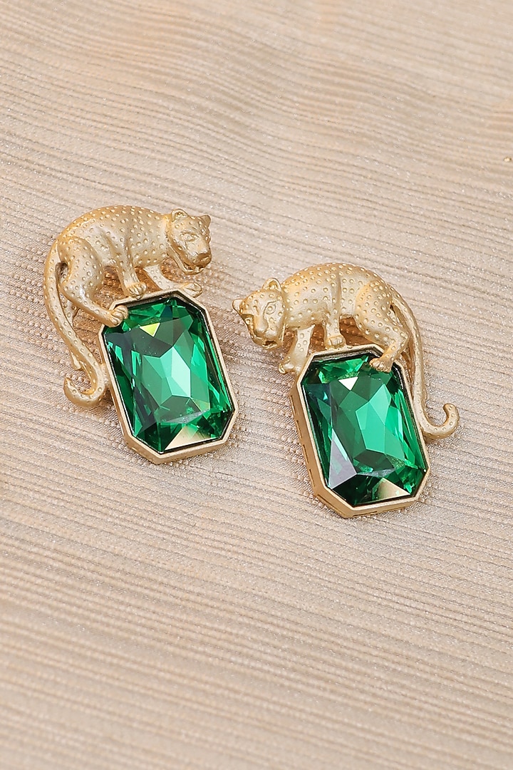 Gold Finish Green Emerald Stone Enameled Hoop Earrings by KRAFTSMITHS at Pernia's Pop Up Shop