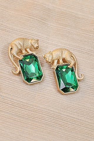 Gold Finish Green Emerald Stone Enameled Hoop Earrings by KRAFTSMITHS