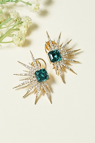 Gold Finish Teal Green Swarovski Zircon Enameled Hoop Earrings by KRAFTSMITHS