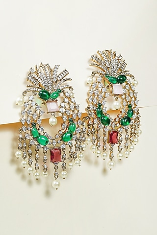 Gold Finish Kundan Polki & Pearl Drop Chandbali Earrings by KRAFTSMITHS