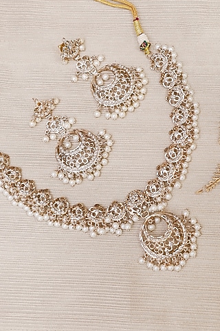 Matte Gold Finish Kundan Polki & Pearl Jadau Necklace Set by KRAFTSMITHS