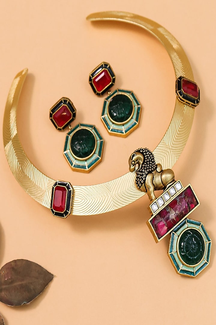 Gold Finish Emerald Stone Enameled Choker Necklace Set by KRAFTSMITHS at Pernia's Pop Up Shop