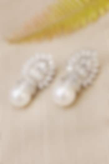 White Finish Zircon & Pearl Dangler Earrings by KRAFTSMITHS at Pernia's Pop Up Shop