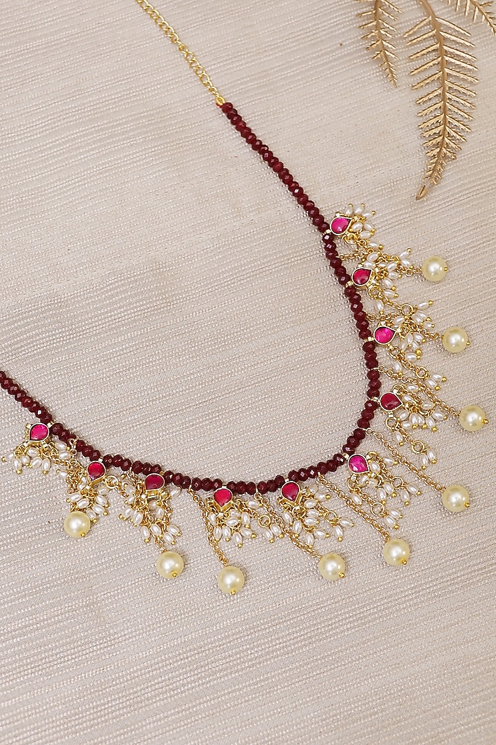 Gold Finish Ruby & Pearl Drop Choker Necklace by KRAFTSMITHS at Pernia's Pop Up Shop