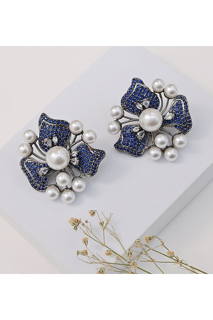 Silver Finish Blue Stone & Pearl Stud Earrings by KRAFTSMITHS at Pernia's Pop Up Shop