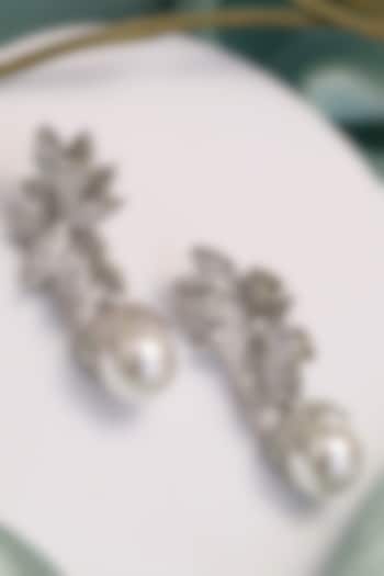 Silver Finish Zirconia & Pearl Drop Stud Earrings by KRAFTSMITHS at Pernia's Pop Up Shop