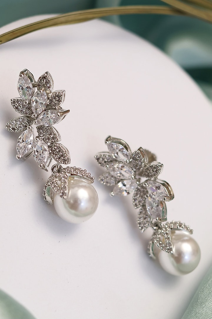 Silver Finish Zirconia & Pearl Drop Stud Earrings by KRAFTSMITHS at Pernia's Pop Up Shop