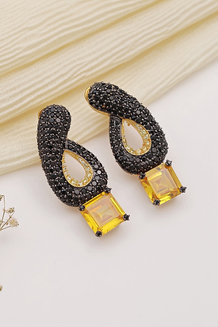 Gold Finish Black & Yellow Stone Dangler Earrings by KRAFTSMITHS at Pernia's Pop Up Shop