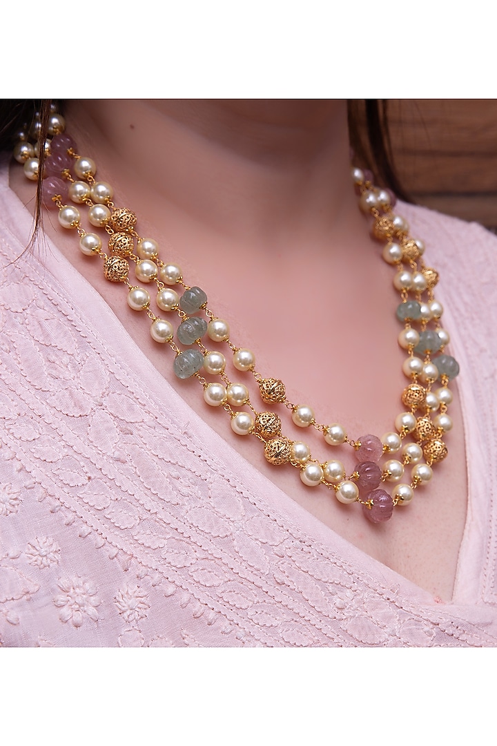 Gold Finish Pastel Pearl Handcrafted Layered Necklace by KRAFTSMITHS at Pernia's Pop Up Shop