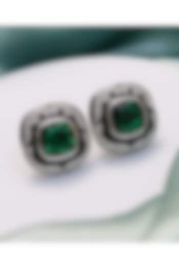 Silver Finish Green Stone Black Enameled Stud Earrings by KRAFTSMITHS at Pernia's Pop Up Shop