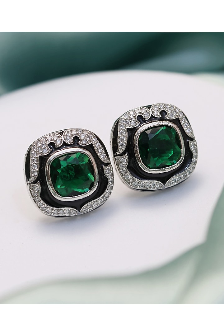 Silver Finish Green Stone Black Enameled Stud Earrings by KRAFTSMITHS at Pernia's Pop Up Shop