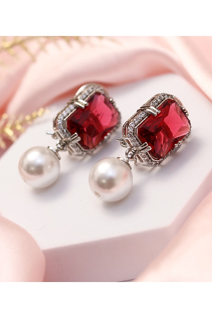 Silver Finish Pink Stone & Pearl Drop Earrings by KRAFTSMITHS at Pernia's Pop Up Shop