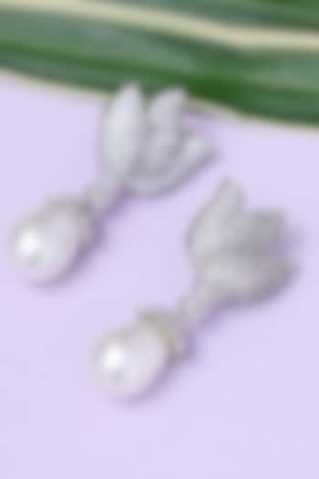 Silver Finish Pearl Drop Handcrafted Leaf Earrings by KRAFTSMITHS at Pernia's Pop Up Shop