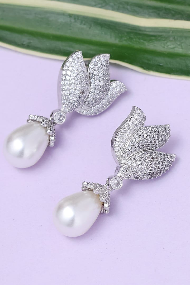 Silver Finish Pearl Drop Handcrafted Leaf Earrings by KRAFTSMITHS at Pernia's Pop Up Shop