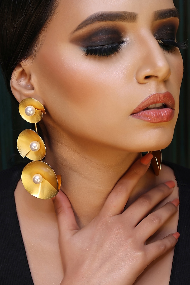 Gold Finish Pearl Handcrafted Layered Earrings by KRAFTSMITHS at Pernia's Pop Up Shop