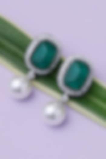 Silver Finish Green Stone & Pearl Drop Handcrafted Earrings by KRAFTSMITHS at Pernia's Pop Up Shop