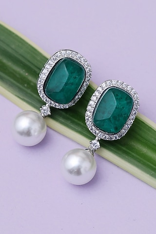 Silver Finish Green Stone & Pearl Drop Handcrafted Earrings by KRAFTSMITHS